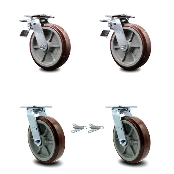 8 Inch Polyurethane Caster Set with Roller Bearings 2 Brakes 2 Swivel Locks SCC